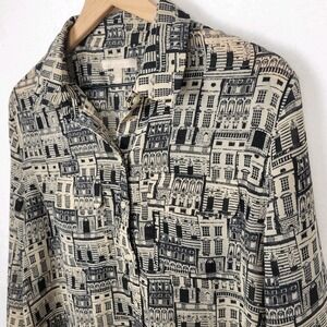 Banana Republic Blouse Women's Medium Black Cream Cityscape Print Button Up